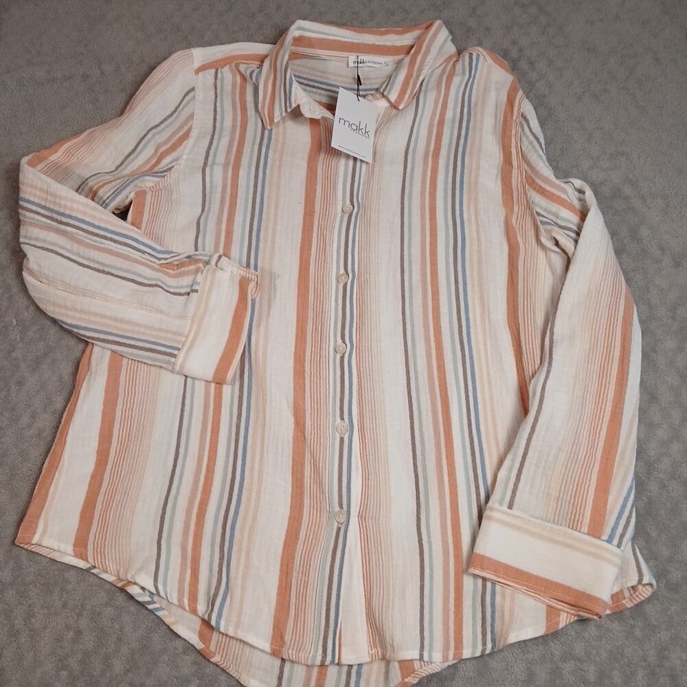 Makk Fashions Wimens Size L Button Up Blouse Earth Tones NWT Long Sleeve